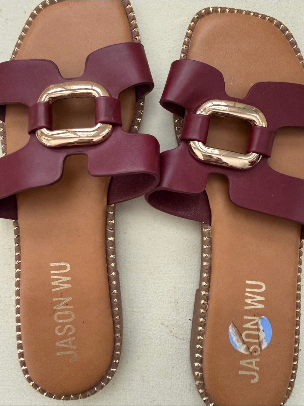 Jason Wu Burgundy Leather Slide Sandals with Gold-Tone Hardware